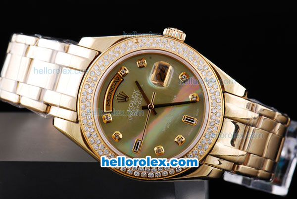 Rolex Day-Date Oyster Perpetual Chronometer Automatic Full Gold ETA Case with Diamond Bezel,Green MOP Dial and Diamond Marking-Big Calendar - Click Image to Close